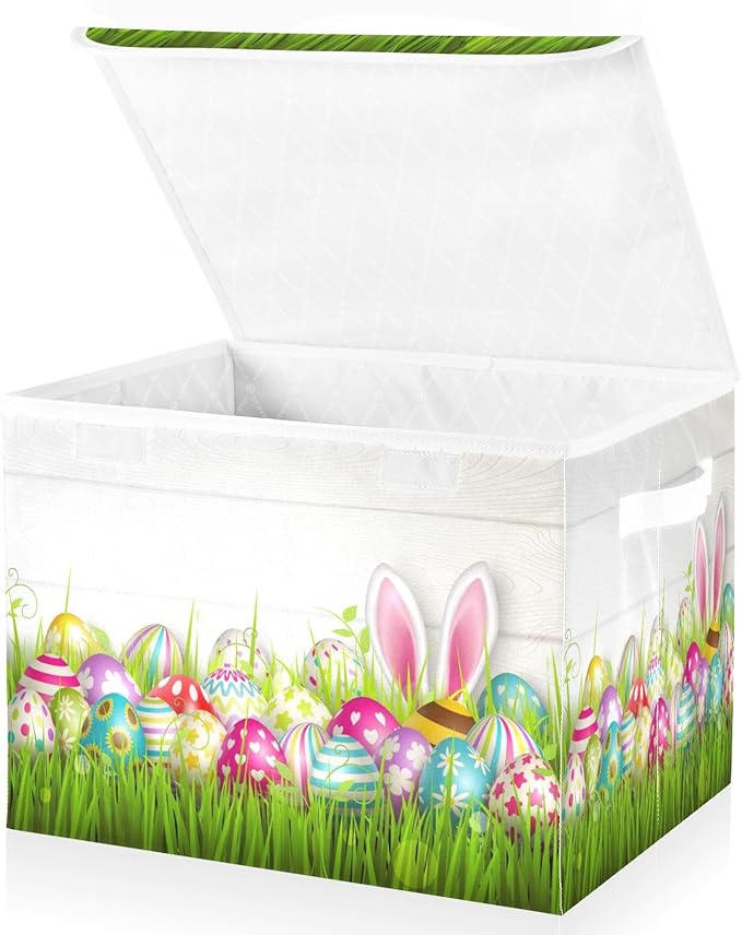 Storage Bins with Lids and HandlesEaster Eggs Grass Storage Box Storage Basket with Cover Collapsible Organizer Containers for Home Closet Shelves