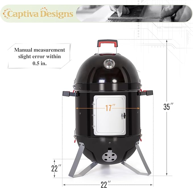 Captiva Designs 18-inch Vertical Charcoal Smoker Grill with Porcelain-Enameled Smoking Chamber Wood Mountain Smoker for Meat Turkey and BBQ with Built-in Thermometer