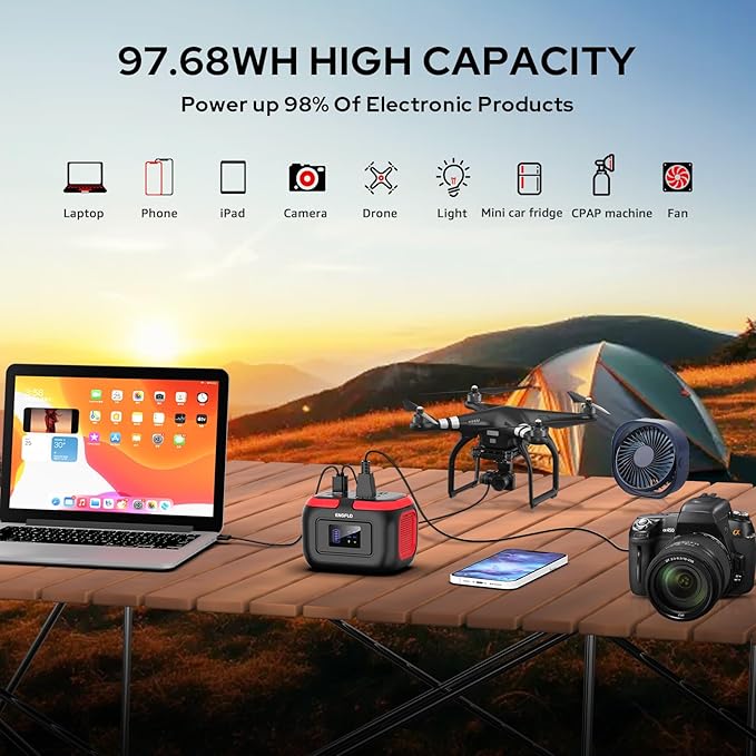 ENOFLO Portable Power Station 97.68Wh Solar Generator Lithium Battery Power with 110V AC 120W Peak Socket/DC/USB QC3.0/LED Light for Outdoor Camping Trip Home Backup Emergency