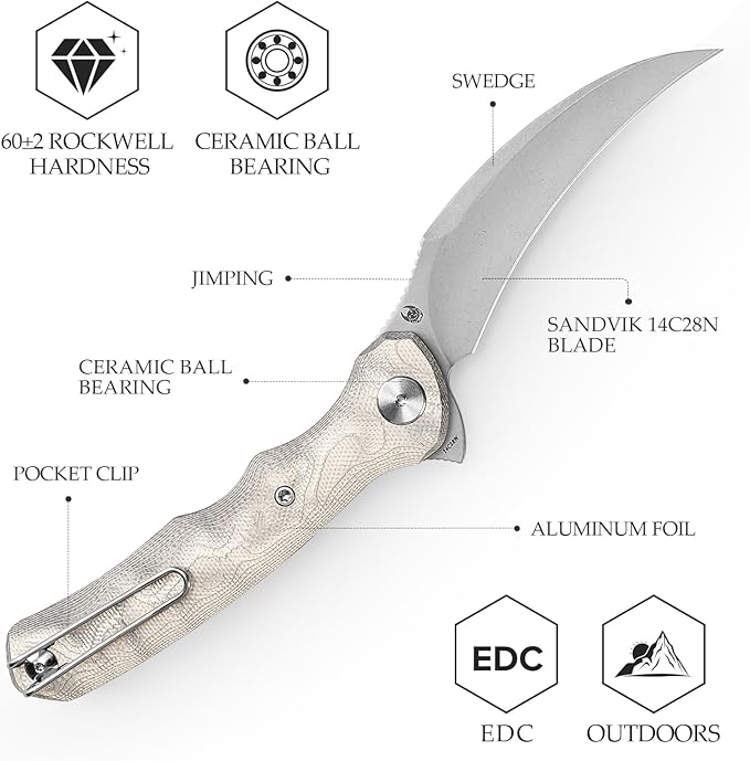 TRIVISA EDC Pocket Pikal Knife for Men Hawkbill Folding Flipper Knife with Clip3.34 14C28N Steel BladeAluminum Foil Handle for Outdoor Camping Lacerta-AL