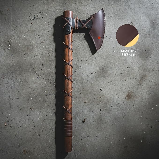 Medieval Warrior Traditional Viking Hand-Axe — Hand-Forged Style Bearded Blade with Leather Cross-Strap Grip