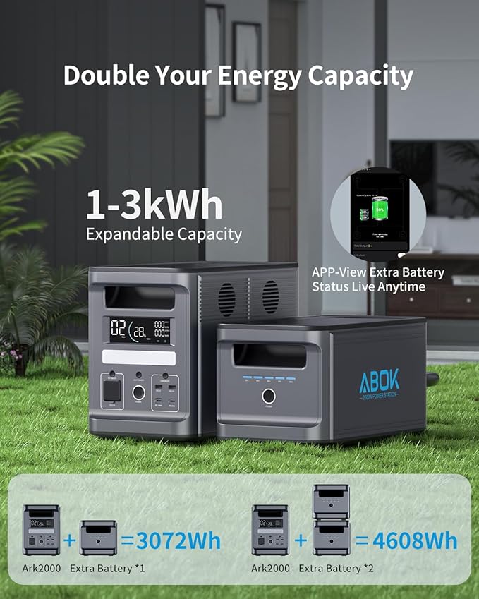 3072Wh (1536Wh x 2) ABOK Ark2000 Portable Power Station with Extra Battery LiFePO4 Expandable to 4.6kWh 2.5 Hrs 0-100% UPS App 2000W AC Solar Generator for Camping Emergency RV Off-Grid Living