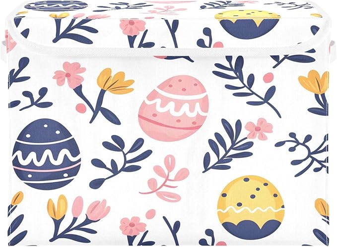 Doodle Easter Eggs and Flower Pattern Foldable Storage Baskets Fabric Boxes with Handle Organizers with Flip-Top Lids Storage Bins for Home Bedroom Office