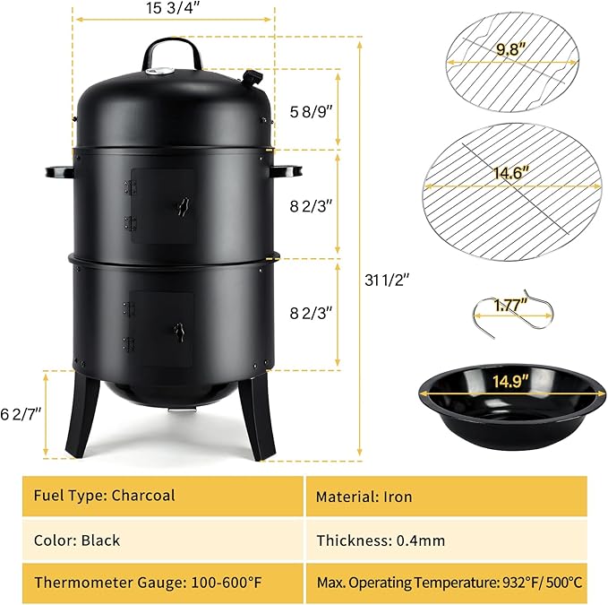 TCFUNDY 32 Vertical Charcoal Smoker Grill Heavy-Duty BBQ Grill with Built-in Thermometer 3 in 1 Grill and Smoker Portable Meat Cooker with Air Vent for Outdoor Barbecue Cooking