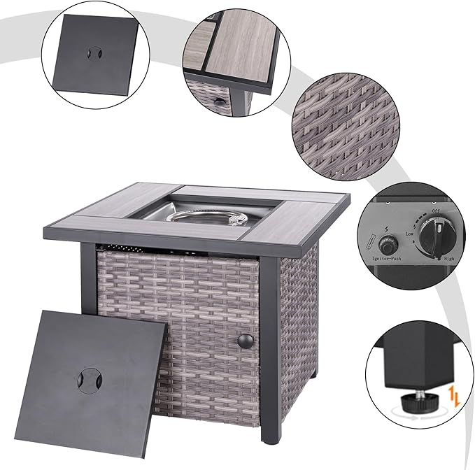 OutVue 30 Propane Fire Pit Table with Real Ceramic Tabletop &amp Ratten Side Panel 50000 BTU Gas Firepit Table with Lid &amp Glass Rock Outdoor Fire Pit for Dining or Party Firepit for Outside