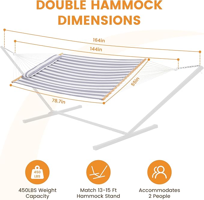 Lazy Daze Hammocks 12FT Quilted Fabric Double Hammock with Spreader Bars and Detachable Pillow 2 Person 450 lbs Capacity Gray White