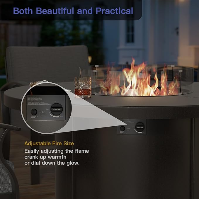 Kurapika Propane Round Fire Pit Table 48in 40000 BTU Auto-Ignition Round Gas Fire Pits CSA Certification Wider Desktop Round Fire Tables with Windshield White Stone and Lid for Outside Patio