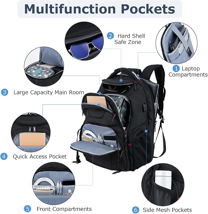 VANKEAN 17.3'' Travel Laptop Backpack TSA Friendly Water Resistant Anti Theft Extra Large College Backpacks with RFID Pockets USB Port for Men Women Business Work Bag Black