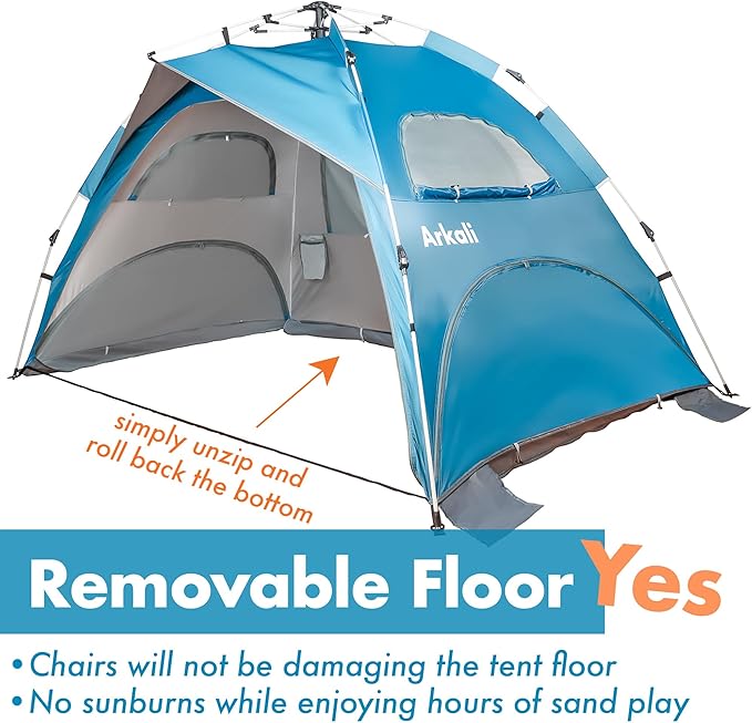 Beach Tent for Family with Kids Pop Up Beach Sun Shade Tent with UPF 50+ UV Protection Removable Floor Zippered Privacy &amp Ventilation Sun Shelter Family 3 to 4 Person