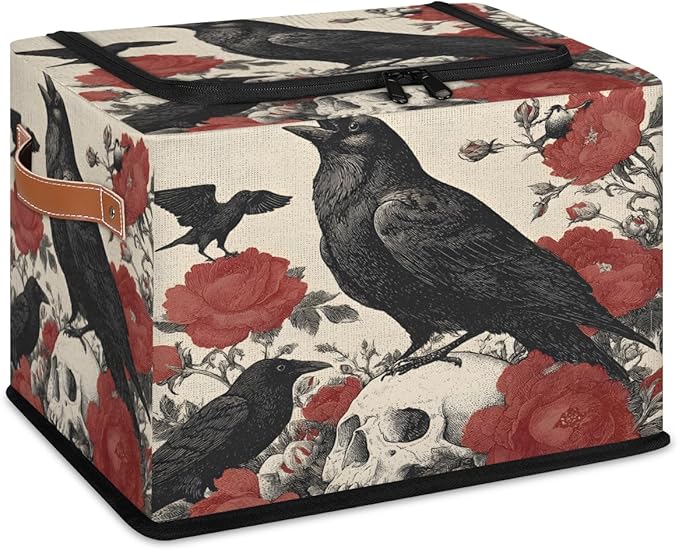 Halloween Crow Storage Bins with Lids Skull Floral Collapsible Cube Storage Basket with Leather Handle Foldable Storage Box with Lids for Organizing Home Closet