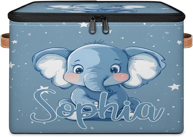 Custom Storage Basket with Name Personalized Storage Bins with Zipper Lid Foldable Fabric Storage Box Large capacity with Handle Elephant Star Blue