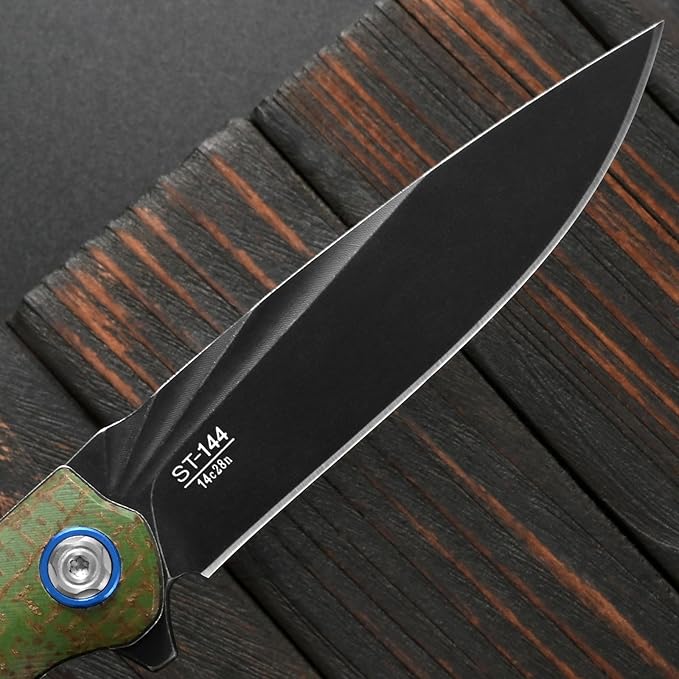 Sitivien ST144 Folding KnifeBlack Stonewashed 14C28N Steel BladeMicarta Handle Pocket Knife for Outdoor EDC CampingSurvivalHikingFishing(Green)