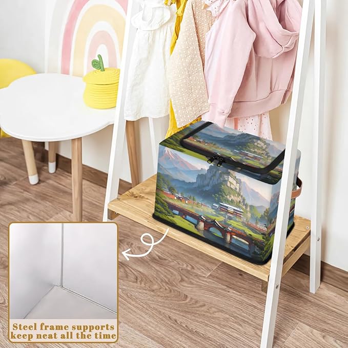 Cartoon Hills Storage Bins with Zipper Lid Collapsible Storage Bags Closet Organizer Leather Handles Foldable Storage Baskets Boxes with Leather Handles for Nursery Bedroom Clothes Toy