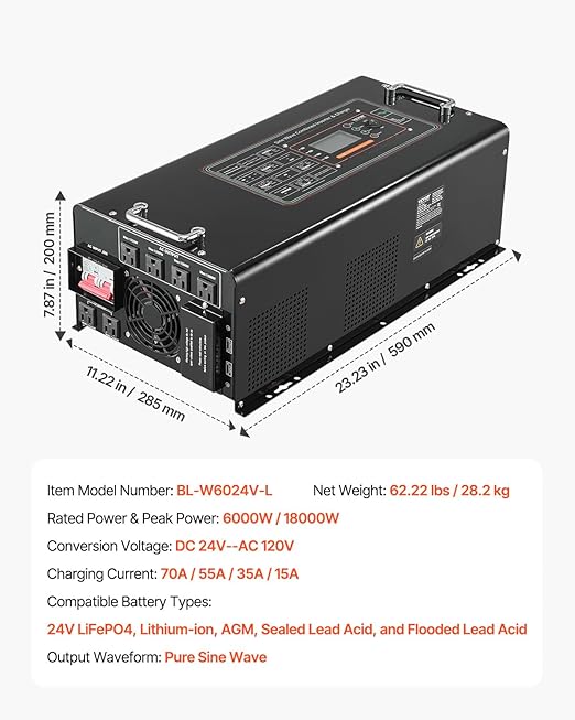 VEVOR Pure Sine Wave Inverter Charger 6000 Watt DC 24V to AC 120V Battery Charger with LCD Display Remote Control Solar Inverter for Off-Grid Solar RV Boat Home Compatible with Various Batteries