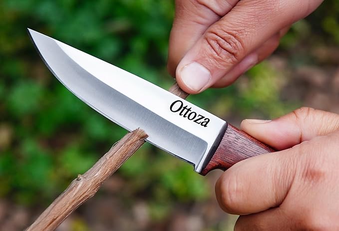 Ottoza Full Tang Bushcraft Knife with 1095 Carbon Steel Fixed Blade - Survival and Outdoor Camping Knife - Ballad Wood Handle Brown Leather Sheath 404