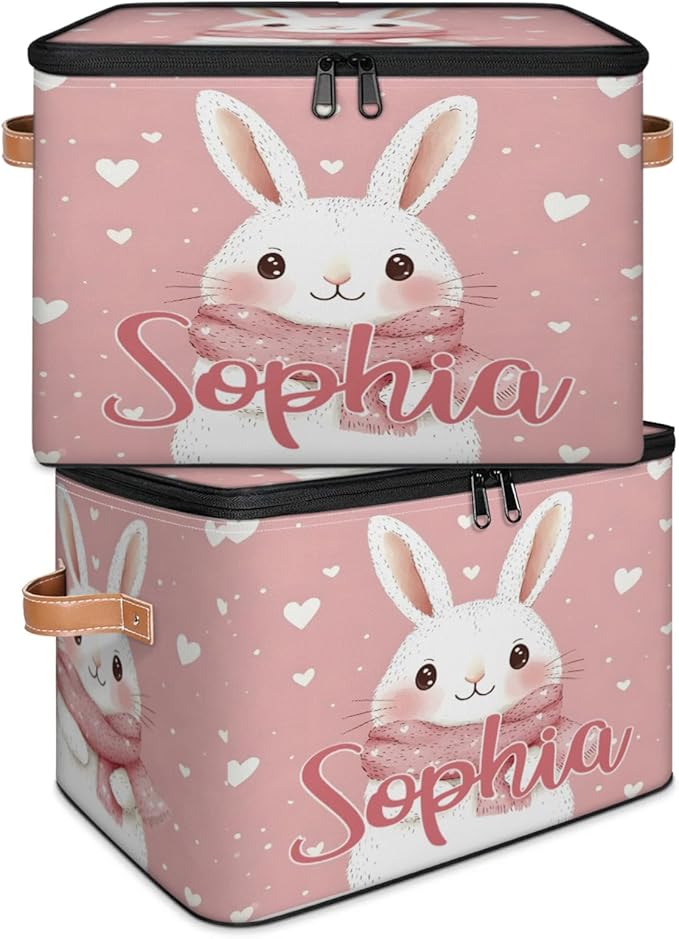 Custom Storage Basket with Name Personalized Storage Bins with Zipper Lid Foldable Fabric Storage Box Large capacity with Handle Scarf Bunny
