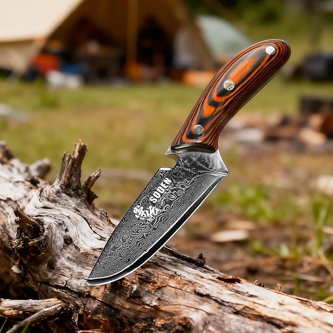 SODEN Damascus Camping KnifeVG-10 Fixed Blade Survival Tool with Bottle Opener for Outdoor Hunting &amp Hiking | Full Tang &amp Ergonomic Handle