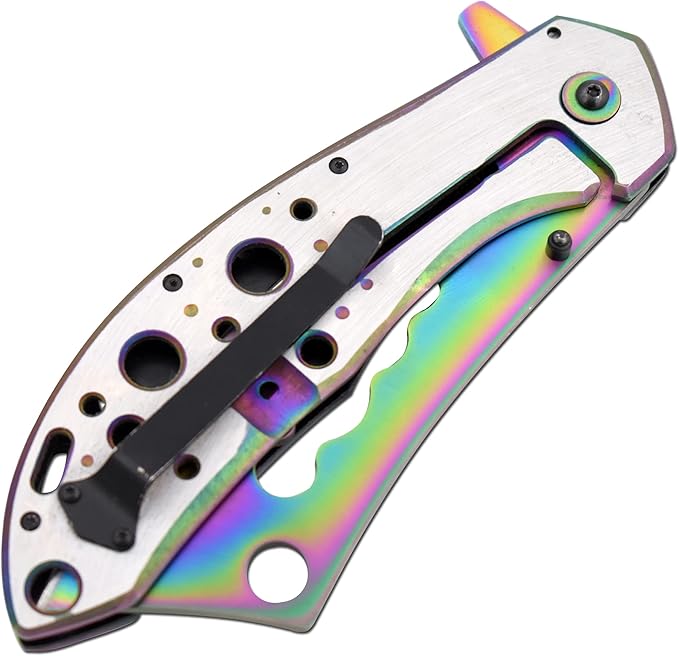 Snake Eye Tactical 12 Jumbo Huge Heavy Duty Ultra Smooth One Hand Opening Folding Pocket Knife Limited Edition Collectors Knife - Ideal for Recreational Work Hiking Camping (Rainbow)
