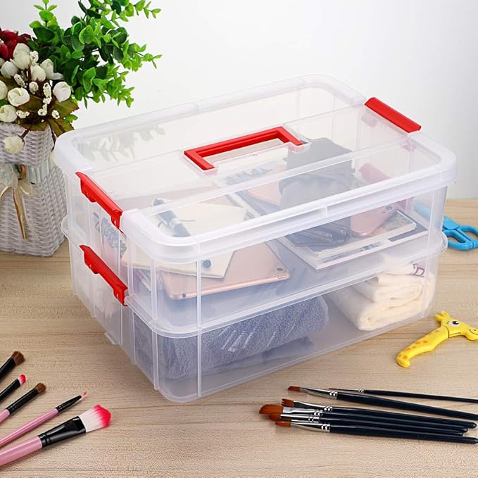JUXYES 2-Tiers Stack Carry Storage Box With Handle Transparent Stackable Storage Bin With Handle Lid Latching Storage Container for School &amp Office Supplies (Red)