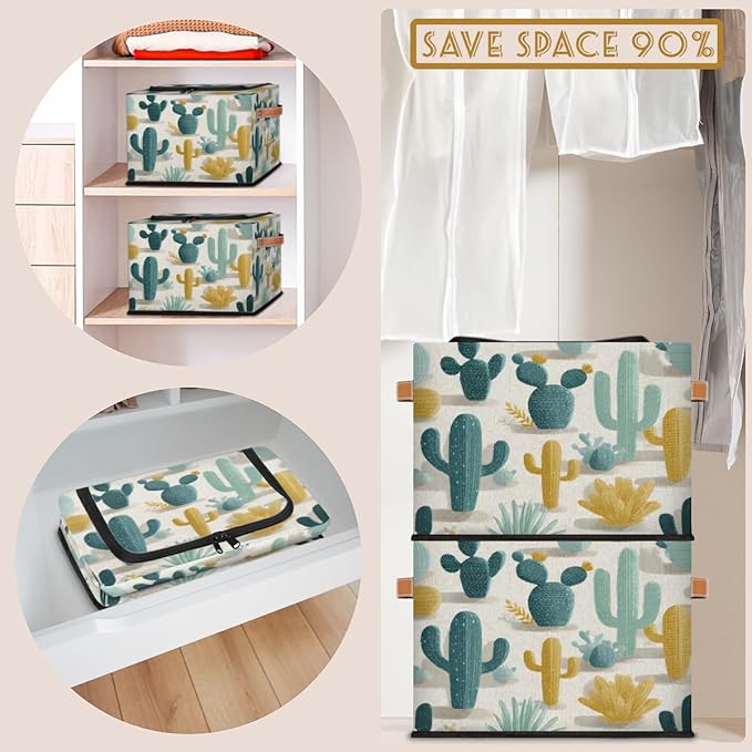 Cactus Storage Bins with Lids Desert Collapsible Cube Storage Basket with Leather Handle Foldable Storage Box with Lids for Organizing Home Closet