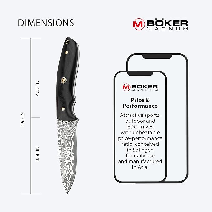 BOKER MAGNUM® Vernery Damascus Knife - Fixed Blade Hunting Knife with 67-Layer Damascus Blade – Ebony Wood Handle – Includes Black Leather Sheath