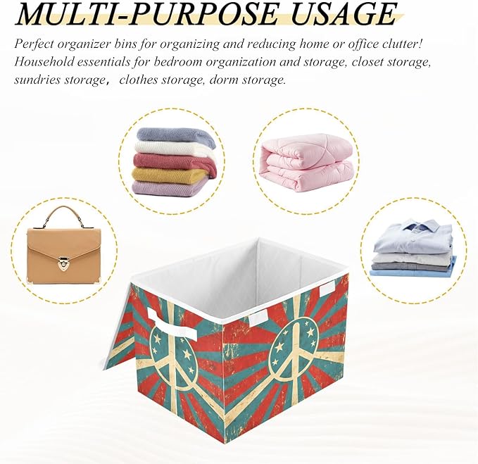 Storage Cube with Lid Retro Peace Sign Print 16.5×12.6×11.8 IN 1 Pack Collapsible Large Capacity Foldable Storage Basket Bin Organizer