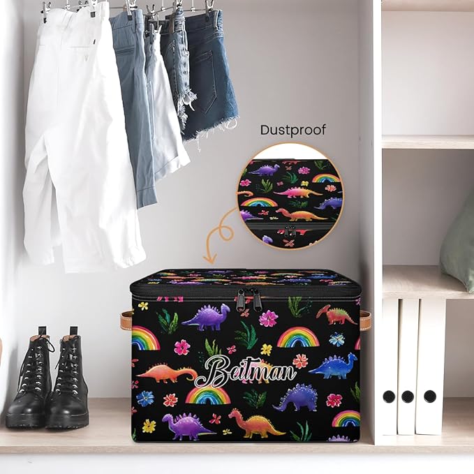 Storage-Bins with Lids Handle Customized Stackable-Storage-Bin for Kids-Boys-Girls-Toys Cube Collapsibl Basket Colorful Dinosaur