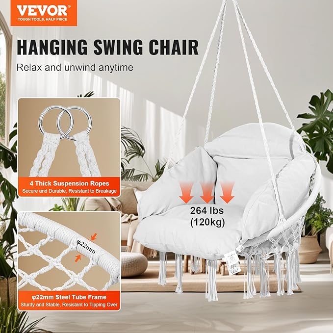 VEVOR Hanging Hammock Swing Chair Macramé Hanging Chair with Cushion and Mounting Hardware Cotton Rope Swing Chair for Bedroom Balcony Patio Garden 264 lbs Capacity White