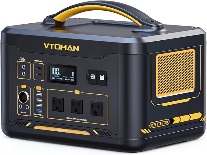 VTOMAN Jump 1500X Portable Power Station with Jump Start 828Wh LiFePO4 Battery 1500W AC Outlets (3000W Surge) /100W USB-C Output Fast Charge Solar Generator for for Outdoor Camping Outages Backup
