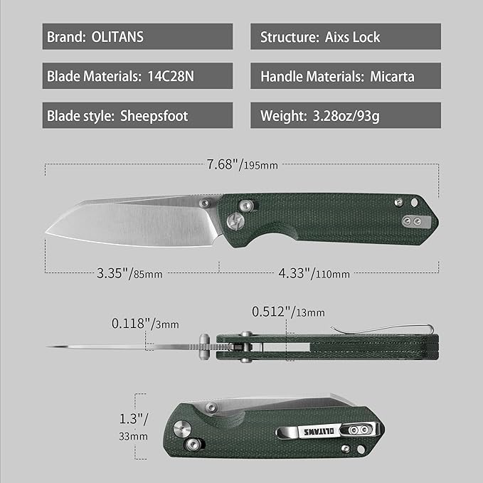 OLITANS G062 Folding Knife for EDC 14C28N Steel Blade Pocket knife Crossbar Lock Knife for Outdoor Survival Hunting and Camping 3.28oz（Micarta Green+Satin）