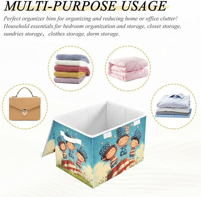 Collapsible Storage Bins with Lids Decorative Fabric Storage Cubes Closet Organizer and Storage Basket Boxes Containers for Clothes Box Chest Nursery Folding Rectangle July 4th Midgets Flag B