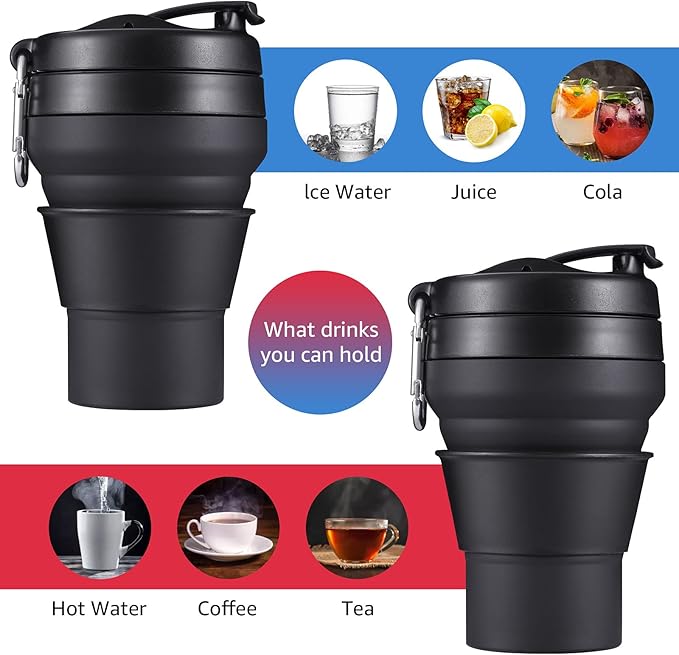 Collapsible Coffee Cup 2 Pack 16 OZ 480ml Silicone Travel Folding Cup Leak Proof BPA Free Portable Cup Travel mug with Lids for Camping hiking