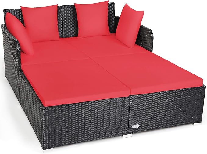 Tangkula Outdoor Rattan Daybed Sunbed Wicker Furniture w/Spacious Seat Upholstered Cushion &amp High-Resilience Sponge Wicker Patio Sofa Set w/Extra Pillows for Courtyard Poolside(Red)
