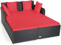 Tangkula Outdoor Rattan Daybed Sunbed Wicker Furniture w/Spacious Seat Upholstered Cushion &amp High-Resilience Sponge Wicker Patio Sofa Set w/Extra Pillows for Courtyard Poolside(Red)