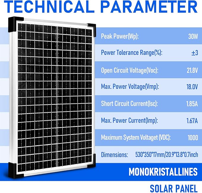 Solar Panel Kit 30W 12V MonocrystallineBattery Maintainer +10A Solar Charge Controller + Extension Cable with Battery Clips O-Ring Terminal for RV Marine Boat Off Grid System