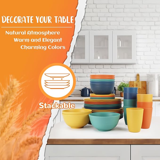 Wheat Straw Dinnerware Set 40 PCS - Service for 8 | Plates and Bowls Sets | Unbreakable Dishes Set - Dinner Plates Dessert Plate Cereal Bowls Drinking Glasses Dishwasher Safe - Multi