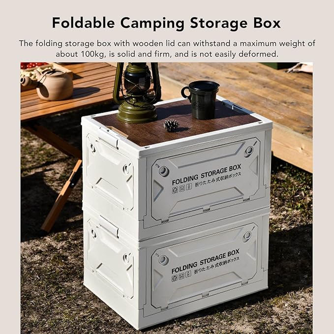 Folding Camping Storage Box with Wooden Lid Storage Bin Container with Wheels for Car Camping Picnic