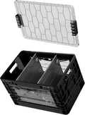 SIDIO Full-Size Collapsible Crate - Heavy Duty Stackable Storage Bin with Lid &amp 2 Short-Ways Dividers Durable Plastic Organizer for Home Office Garage &amp Outdoor Use (Black)