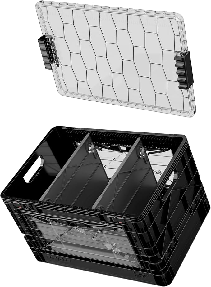 SIDIO Full-Size Collapsible Crate - Heavy Duty Stackable Storage Bin with Lid &amp 2 Short-Ways Dividers Durable Plastic Organizer for Home Office Garage &amp Outdoor Use (Black)