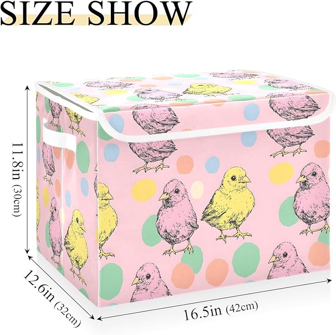 Cartoon Chicken Storage Cube Bins Basket with Lid Collapsible Flip-top Fabric with Handle for Home Bedroom Closet Office 16.5×12.6×11.8 in