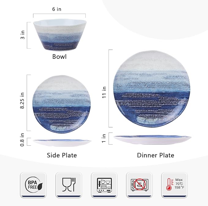 12PCS Melamine Dishes Set Blue Plates and Bowls Sets for Outdoor Camping EssentialsLightweight and Durable Just Stack them directly in the Backpack