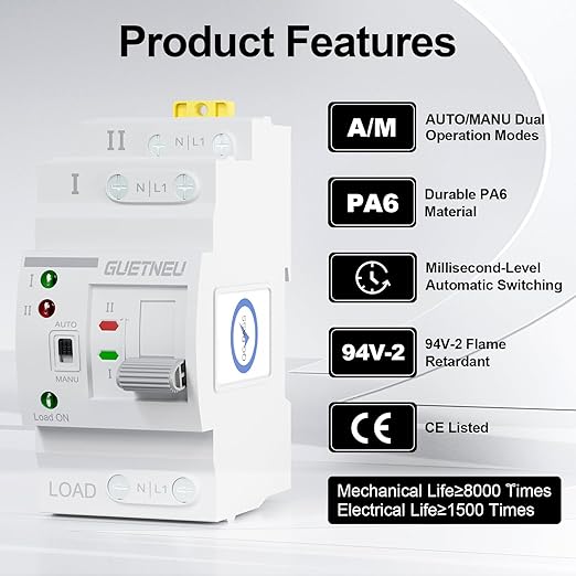 ATS Dual Power Automatic Transfer Switch 2P 63A 220V Manual Transfer SwitchUninterruptible Millisecond-Level ATS 50/60 Hz White CE