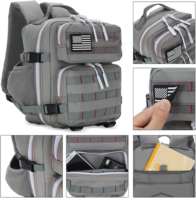 9L Mini Tactical Backpack for Men and Women Tactical Backpack Small for Hiking Small Tactical Bag（Grey Red）