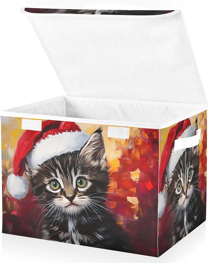 Storage Cube with Lid Cat Christmas Print 16.5×12.6×11.8 IN Collapsible Large Capacity Foldable Storage Basket Bin Organizer