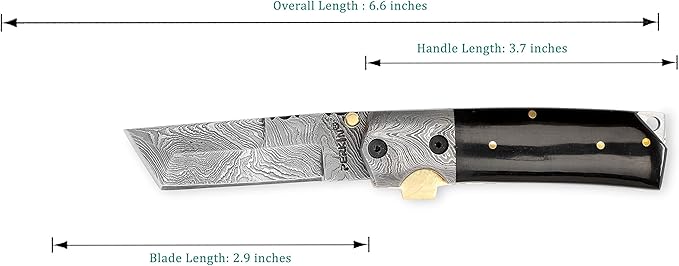 Perkin Custom Made Damascus Folding Knife Tanto Blade &amp Buffalo Horn Handle