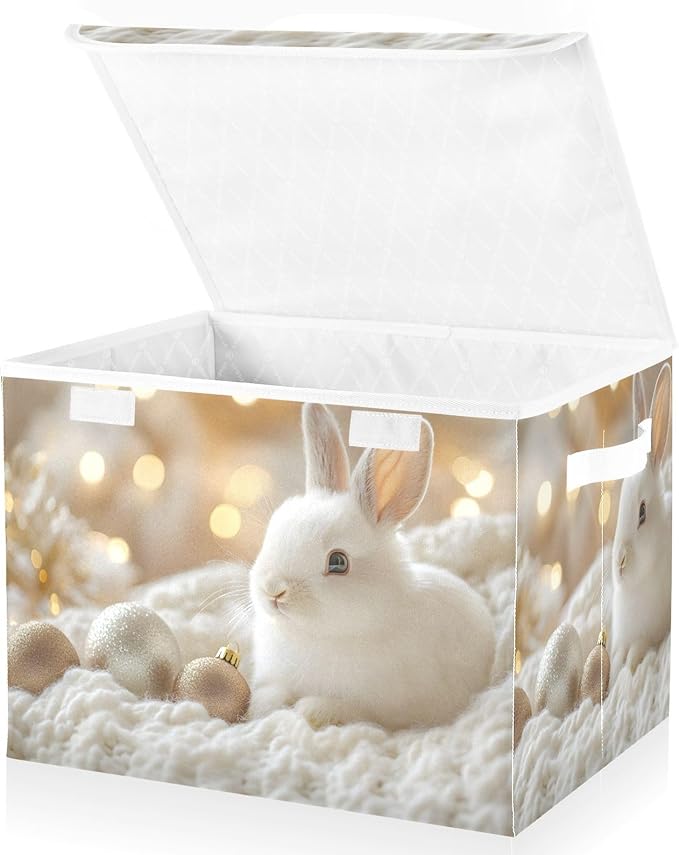 AIXIWAWA Lidded Storage Cube (White Rabbit) Fabric Foldable Closet Bins with Flip Lid and Handles Organizer Basket Container 16.5 x 12.6 x 11.8 IN