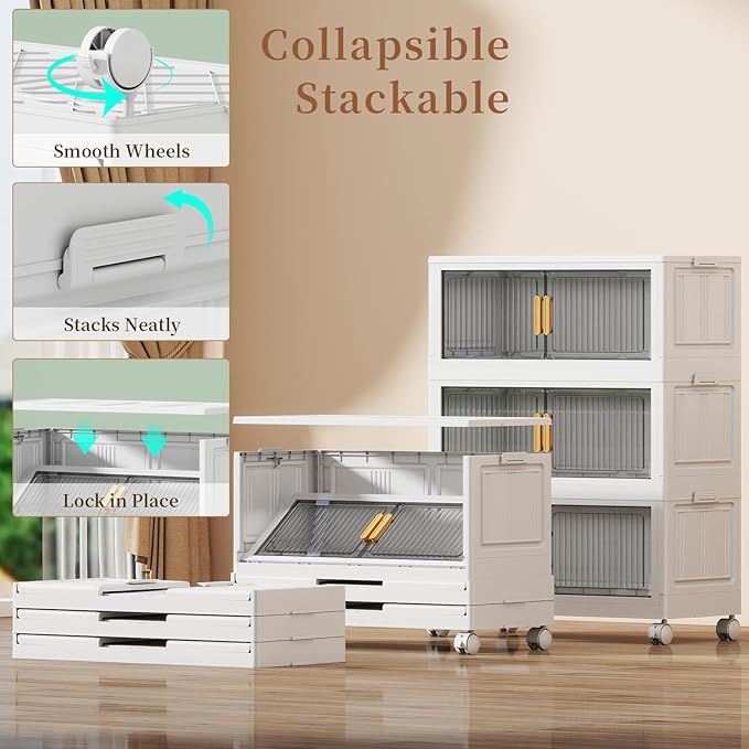 77Gal Stackable Plastic Storage Bins with Lids Collapsible Closet Organizers and Storage with Wheels for Living RoomOfficeDorm 30.5 W x 14.6 D x 40 H 3 Tier