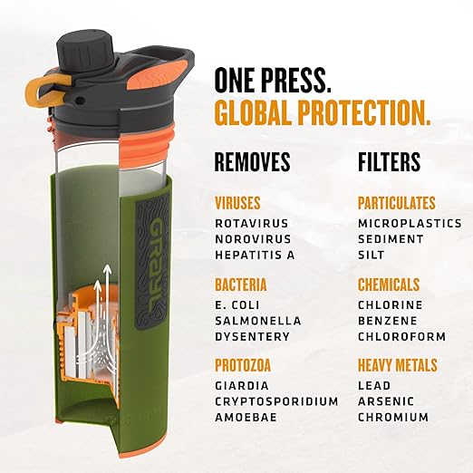 GRAYL GeoPress 24 oz Water Purifier Bottle - Filter for Hiking Camping Survival Travel (Oasis Green)