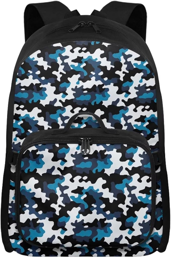 Blue Camouflage Backpack for Men 17 Inch Bookbag with Lunch Box Large Capacity School Bag with Adjustable Shoulder Strap for Outdoor Travel Satchel Bag