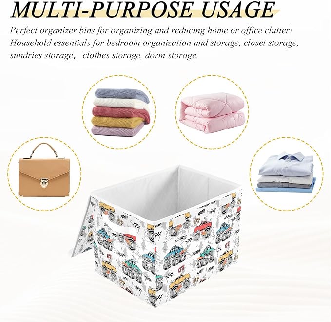Monster Trucks Lidded Home Storage Bins Closet Storage Bins Foldable Oxford Fabric Storage Box for Home Bedroom Closet Office (16.5x12.6x11.8 in)